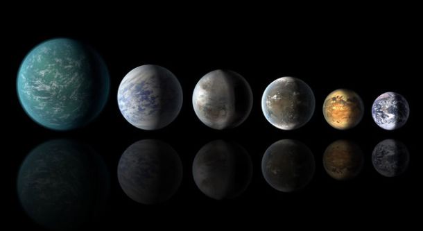 cientific illustrations of recently discovered, potentially habitable worlds. Left to right: Kepler-22b, Kepler-69c, Kepler-62e, and Kepler-62f, compared with Earth at far right. (Credit: NASA/Ames/JPL-Caltech)
