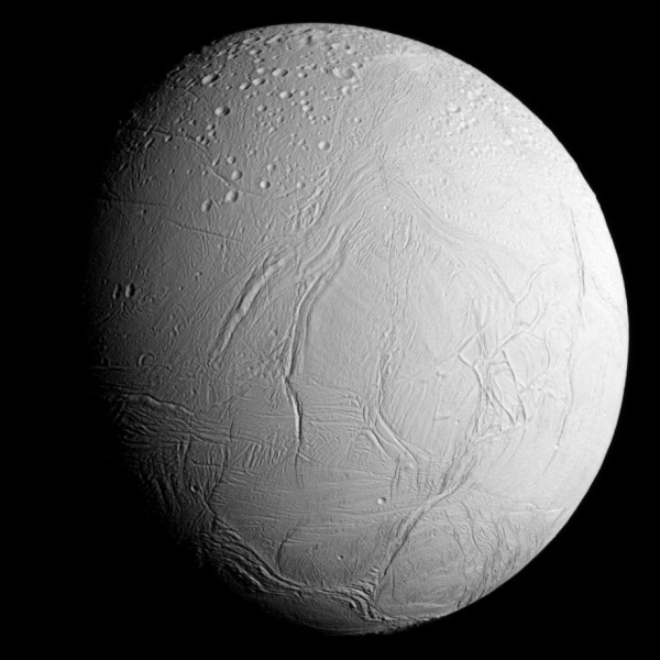 NASA's Cassini spacecraft captured this view as it neared icy Enceladus for its closest-ever dive past the moon's active south polar region. The view shows heavily cratered northern latitudes at top, transitioning to fractured, wrinkled terrain in the middle and southern latitudes. The wavy boundary of the moon's active south polar region -- Cassini's destination for this flyby -- is visible at bottom, where it disappears into wintry darkness. This view looks towards the Saturn-facing side of Enceladus. North on Enceladus is up and rotated 23 degrees to the right. The image was taken in visible light with the Cassini spacecraft narrow-angle camera on Oct. 28, 2015. The view was acquired at a distance of approximately 60,000 miles (96,000 kilometers) from Enceladus and at a Sun-Enceladus-spacecraft, or phase, angle of 45 degrees. Image scale is 1,896 feet (578 meters) per pixel.