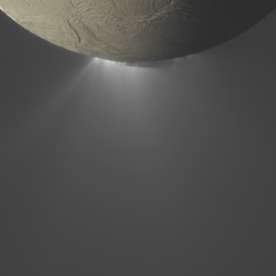 Glittering geysers of water ice erupt from Saturn's enigmatic moon Enceladus as seen during a previous flyby. The plumes are backlit by the sun, which is almost directly behind the moon. The moon's dark side that we see here is illuminated by reflected Saturn-shine. Today, the Cassini spacecraft flew right through the plumes in order to let its instruments 'taste' them. Credit: NASA/JPL/SSI/Ugarkovich