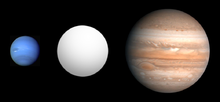 Neptune and Jupiter alongside the planet formerly known as HD 149026b, and now called Smertrios. The measured density of the planet -- along with its mere 4-day orbit around its sun -- have made it a scientifically important subject of study. (NASA/JPL-Caltech)