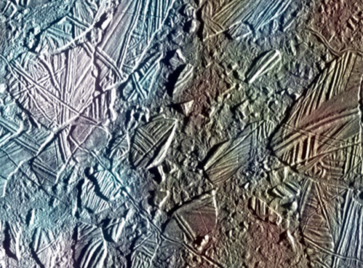 Bizarre features on Europa’s icy surface suggest a warm interior. This view of the surface and shows a color image set within a larger mosaic of low-resolution monochrome images. The Galileo spacecraft was able to survey only a small fraction of Europa's surface in color at high resolution; a future mission would include a high-resolution imaging capability to capture a much larger part of the moon's surface. (NASA/JPL-Caltech)