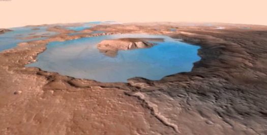 Rendering of Gale Lake some 3.5 billion years ago, when Mars was warmer and much wetter. The Curiosity mission is finding that Gale Crater water-changed rock is everywhere.