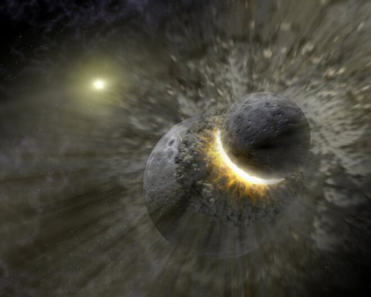 This artist concept illustrates how a massive collision of objects, perhaps as large as the planet Pluto, smashed together to create the dust ring around the nearby star Vega. New observations from NASA's Spitzer Space Telescope indicate the collision took place within the last one million years. Astronomers think that embryonic planets smashed together, shattered into pieces, and repeatedly crashed into other fragments to create ever finer debris.  In the image, a collision is seen between massive objects that measured up to 2,000 kilometers (about 1,200 miles) in diameter. Scientists say the big collision initiated subsequent collisions that created dust particles around the star that were a few microns in size. Vega's intense light blew these fine particles to larger distances from the star, and also warmed them to emit heat radiation that can be detected by Spitzer's infrared detectors.