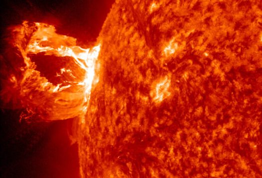 An eruption on April 16, 2012 was captured here by NASA's Solar Dynamics Observatory in the 304 Angstrom wavelength, which is typically colored in red. Credit: NASA/SDO/AIA 