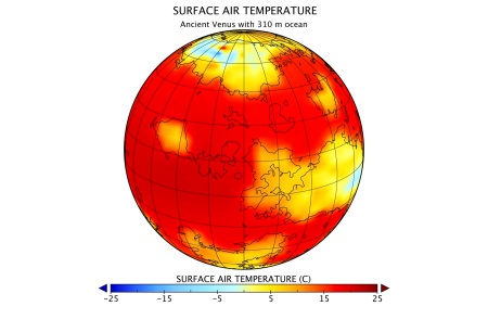 The red areas in the figure are mostly ocean areas, with temperatures of about 25 degrees C, like a tropical resort (but very humid). The highland areas have temperatures just above freezing (yellow) or below freezing (blue) in the most mountainous parts. (NASA GISS-Columbia University)